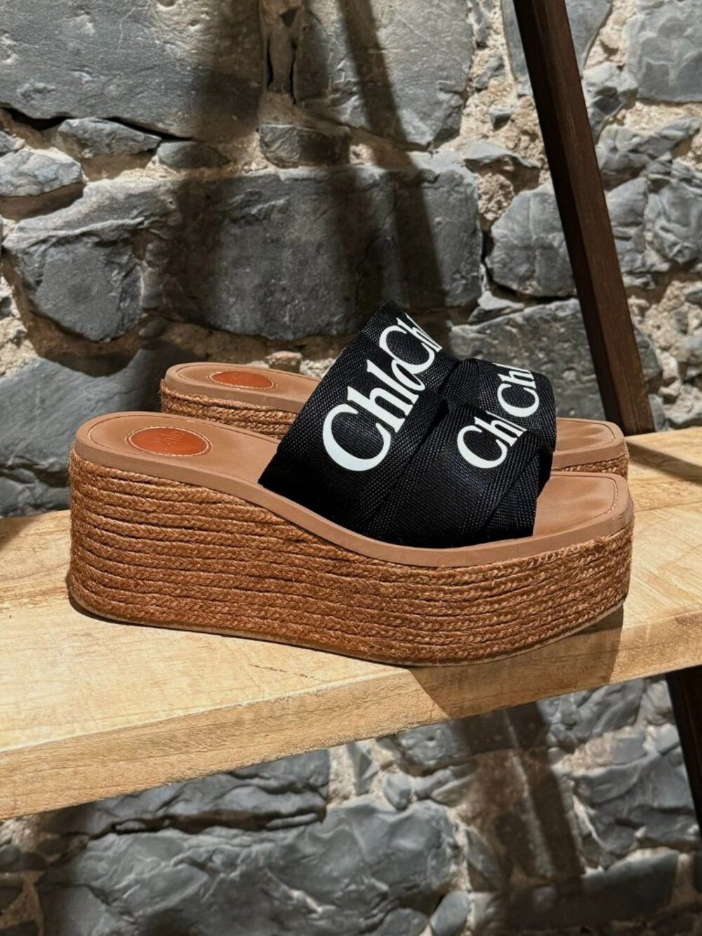 Chloé Black Logo Platform Wedge Woody Sandals - Picture 1 of 10